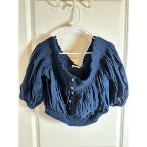 Free People Top Smocked Navy Blue Crop Blouse Bohemian‎ Off Shoulder M Medium